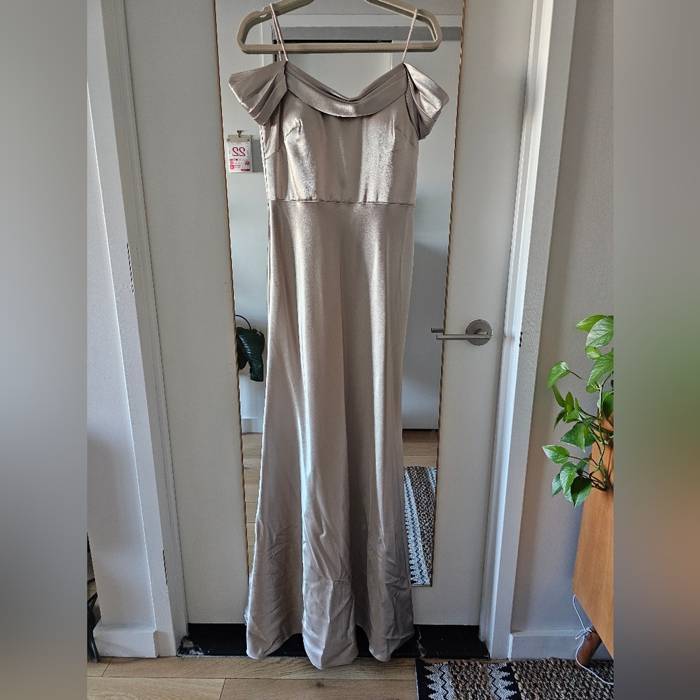 Jenny Yoo Serene Latte Off-Shoulder Satin Gown